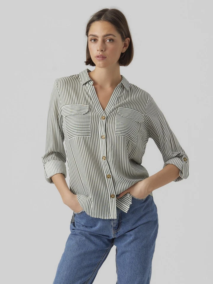 Women Shirt Blouse Casual Chest Pockets Regular Stretch 3/4 Sleeve VERO MODA - Imagen 1 de 1