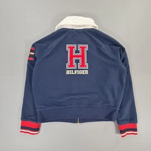 Tommy Hilfiger Womens Jacket Blue White Medium Reversible Sherpa Big Logo - Picture 1 of 12