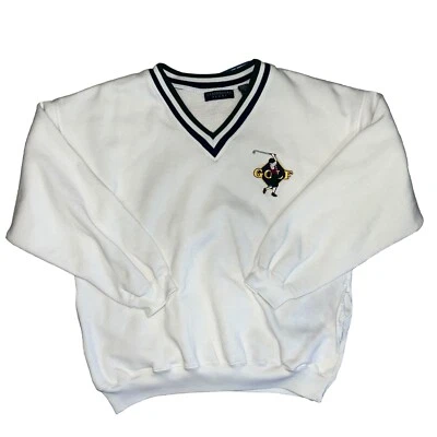 Vtg Claybrooke Sport Emnroidered Golf V Neck Sweater Men's L White Long Sleeve - Image 1 of 4