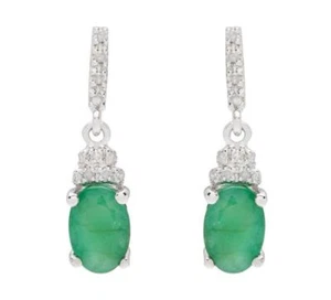 10k Oro Blanco 2.15ct Ovalado Original Esmeralda y Diamante Pendientes - Imagen 1 de 2