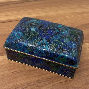 Vintage chinesische Cloisonne blau Emaille Blumen Zigarettenschachtel aufklappbar Schmuckschatulle - Bild 1 von 17