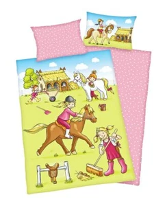 Herding Renforcé Baby Bettwäsche 2 tlg. 100x135cm Ponyhof Pferde Rosa Punkt Bunt - Bild 1 von 7