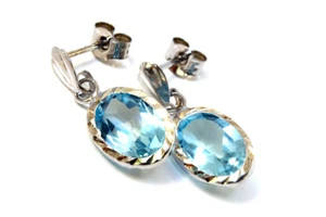 9ct White Gold Blue Topaz Drop Oval Earrings Made in UK Gift Boxed - Picture 1 of 6