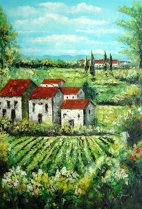 Pintura al óleo de casas de techo rojo 36x24 en campo de primavera con flores - Imagen 1 de 1