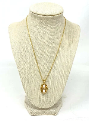 Collar sintético con cuentas de ópalo blanco chapado en oro con cadena colgante de cristal 16" Foto 1 de 4