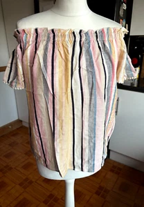 VGC Ladies PAPAYA at MATALAN Soft Linen Look MULTICOLOUR VERTICAL STRIPED Top 10 - Picture 1 of 5