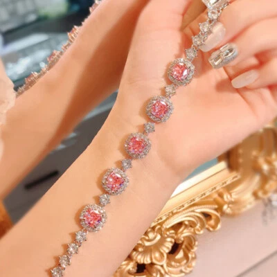 New Jewelry Gifts Ice Flower Cut Pink Topaz Gemstone Charm Women Silver Bracelet - Image 1 of 4