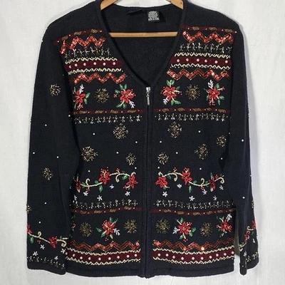 De Colección ERIKA Cárdigan Suéter Navidad Bordado Cuentas Cremallera Mujeres Pequeño M Negro Foto 1 de 4