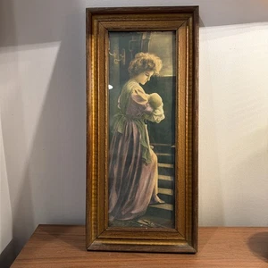Stampa vittoriana con cornice donna con bambino.  Etichetta Data 1913 Buone Condizioni - Foto 1 di 3