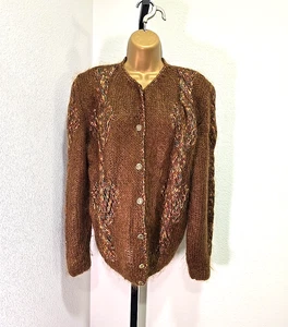 Vintage handgestrickte italienische Mohair Wolle braun Strickjacke Pullover Damen XL bestickt - Bild 1 von 6