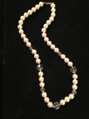 Lovely Vintage MARVELLA Large Faux Pearl & Clear Crystal Bead Necklace-24" Long  - Image 1 of 4