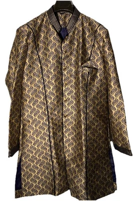 Indo Western Mens Sherwami Long Jacket-Blue & Gold Embroidered-Size L (44)-NEW - Image 1 of 4