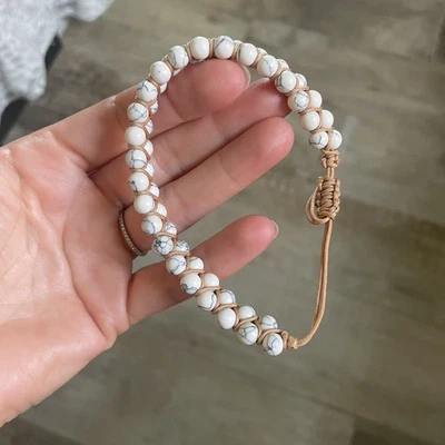 White Marble Beaded Adjustable Bracelet Rustic OS Boho Casual Cognac Ivory - Image 1 of 4