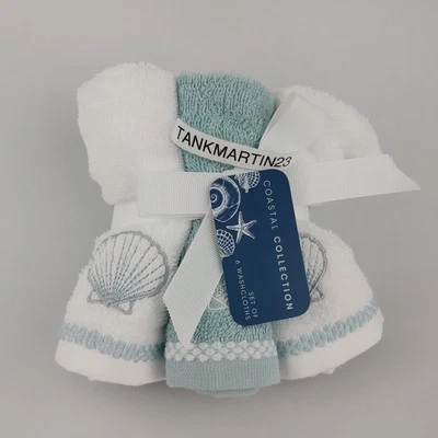6 Coastal Collection Washcloths Beach Embroidered Seashells White Blue - Image 1 of 4