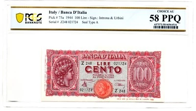 Italy Banca d' Italia 100 Lire 10.12.1944 Pick 75a PCGS Choice AU 58 PPQ - Image 1 of 2