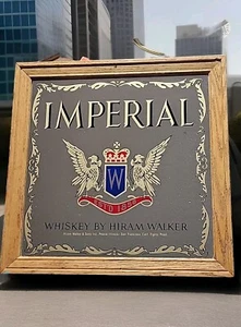 Vintage Bar Mirror Wood Framed Sign 16" x 16" Hiram Walker's Imperial Whiskey - Picture 1 of 5