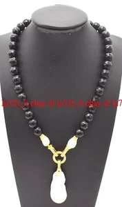 10mm Faceted Black Agate Gems Beads White Keshi Baroque Pearl Pendant Necklace - Picture 1 of 12