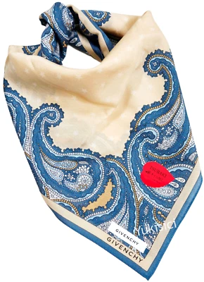 Givenchy Japan Scarf Paisley & Star Silk & Cotton Beige & Turquoise 59cm New - Image 1 of 4