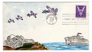 #905 Win the War 1942 WWII First Day Cover - Hand-painted Swartz - Picture 1 of 2