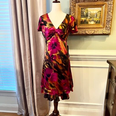 $129 NWT Coldwater Creek Short Sleeve Fall Floral Print Silk Dress Size 14 - Image 1 of 3