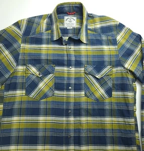 XL Iron And Resin Freedom Riders Metal Snap Western Plaid Shirt Blue Yellow - Picture 1 of 5