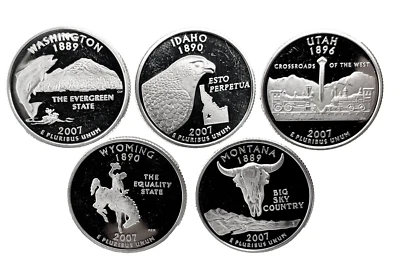 2007 S 5 Coin Year Set 50 States US Quarter 25c Gem Deep Cameo Proof 90% Silver - Image 1 of 4
