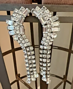 Vtg 1950s STATEMENT RHINESTONE CHANDELIER EARRINGS / HALF MOON w/ DANGLES 3 3/4" - Picture 1 of 12