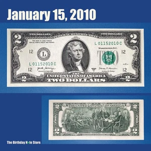 January 15, 2010 Birthday Anniversary $2 Two Dollar Bill Serial Number 01152010 - Picture 1 of 2