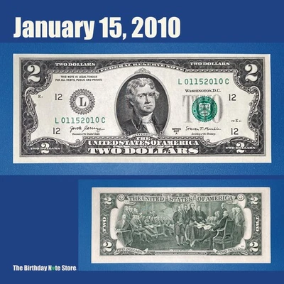 January 15, 2010 Birthday Anniversary $2 Two Dollar Bill Serial Number 01152010 - Image 1 of 2