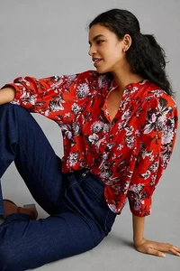 Maeve Anthropologie Blouse Small Red Floral Button Front Long Sleeve Boho - Picture 1 of 7