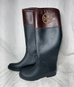 Tory Burch Womens Rain Boots Size 7B Black Brown Diana Classic Rubber Tall - Picture 1 of 6