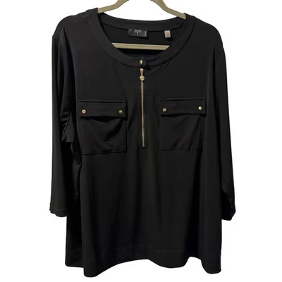 Tahari Woman Black 3/4 Sleeve Zip Front Top  Sz 2X blouse - Image 1 of 4