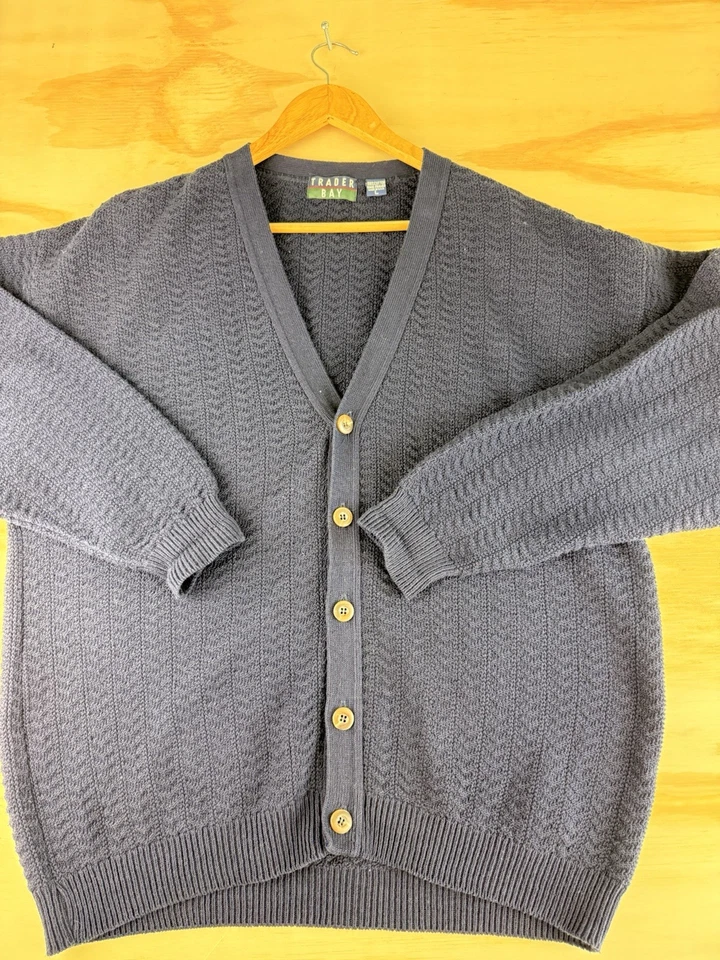 Made USA Vintage Trader Bay Button Hand Framed Cardigan Knit Large Sweater Navy - Image 1 of 4
