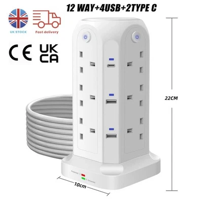 Extension 12 Way Tower Power Lead USB Multi Socket Surge Protected Socket UK - Image 1 of 4