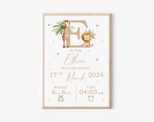 Cute Safari Baby Print, Nursery Print, Birth and Weight Details, New Baby Gift - Picture 1 of 2