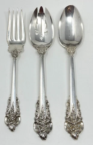 Grand Baroque Wallace Silver Serving Set- Fk, Spoon & Slot Spoon EXCELLENT B3-9 Cover