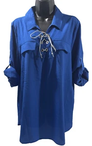 Calvin Klein Long Sleeve Lace-Up V-Neck Blue Blouse Women's Size Large - Picture 1 of 8