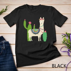 Cute Llama With Flower & Cactus - Llama Lover Gift Unisex T-shirt - Picture 1 of 15