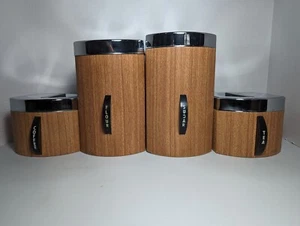 Vintage Kromex Chrome and Wood Grain Metal Canister Set Sugar,Coffee,Tea,Flour - Picture 1 of 19