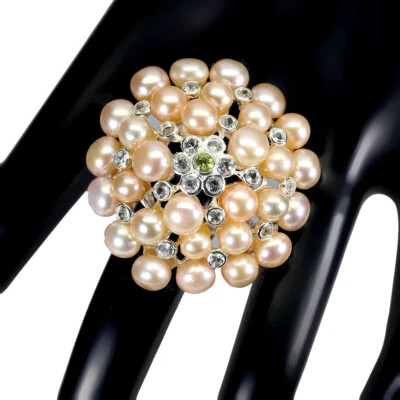 925 Sterling Silver Baroque Creamy Peach Pearl 6x5mm Peridot White Topaz Ring 9 - Image 1 of 4