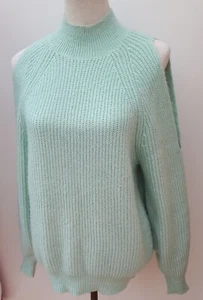 F&F Ladies Size 12 Eggshell Blue Turtle Neck Jumper Open Shoulder Chunky Knit - Picture 1 of 10