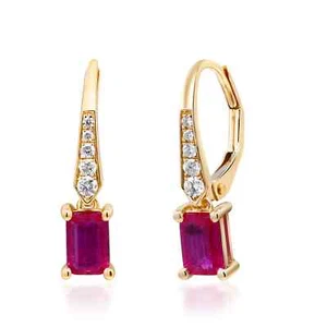 14K Yellow Gold Natural Emerald Cut Ruby and Diamonds Dangle Drop Earrings - Picture 1 of 4