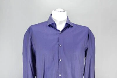HUGO BOSS Manica Camicia L KW42 Nero Blu Pois Colletto a Squalo Sottile B1463 - Immagine 1 di 4