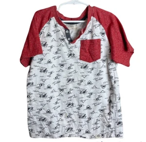 free planet shirt Boys 8 Sharks Tee T-shirt Red Baseball FLAWS-stains - Picture 1 of 7