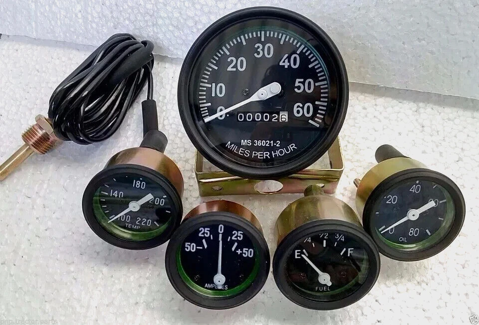 For Willys MB Jeep Ford GPW Miles Speedometer Temp Oil Fuel Amp-OLIVE Gauges Kit - Image 1 of 4