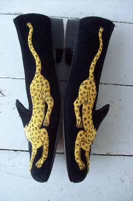 Zapatillas de terciopelo negras hechas a mano de leopardo saltando BERK para mujer ~ Reino Unido 7,5/Estados Unidos 9 Foto 1 de 4