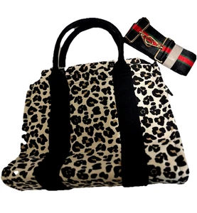 Meejune Crossbody Purse Canvas Cheetah Print -Striped Strap-Black Handle- NEW - Picture 1 of 7