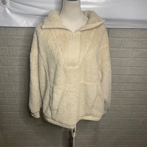 Joy Lab Womens Pullover Sherpa Sweatshirt Half Zip Drawstring Collar Beige L - Picture 1 of 4