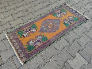 Vintage Turkish Rug Mat 4x1.7 ft | Orange Oushak Medallion, Purple Border - Picture 1 of 16