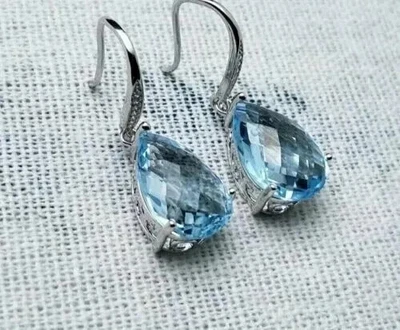 Lab Created Aquamarine 3.20Ct Pear Cut Drop Earrings 14K White Gold Plated - Image 1 of 4